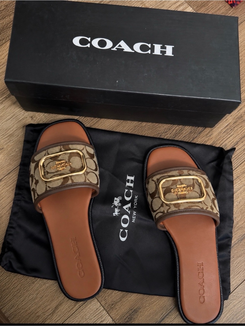 Coach Men's Signature Canvas Slide Sandals in Tan and Brown with Gold Buckle